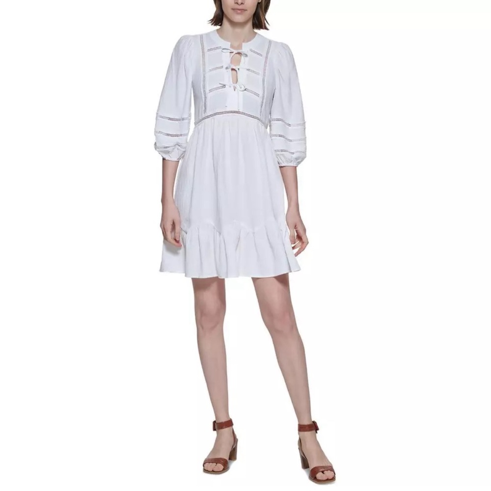 NWT Calvin Klein Puff 3/4 Sleeve White Picot Trim Mini Tie Front Fit Flare Dress
